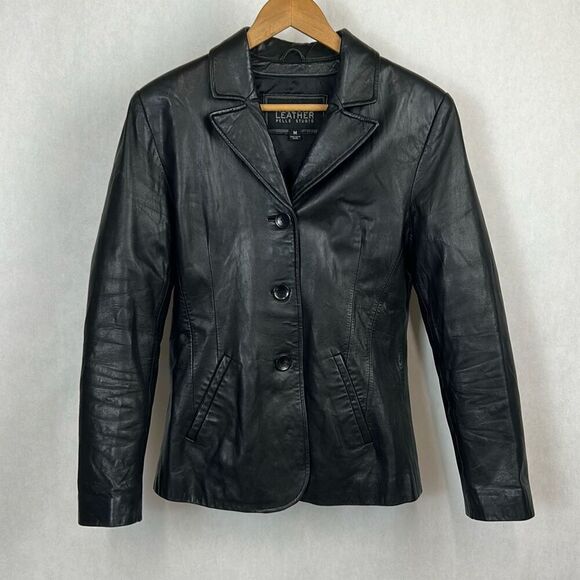 Vtg 90s Wilsons Leather Pelle Studio Jacket Coat Sz Medium Black Fitted Button F - Picture 1 of 11